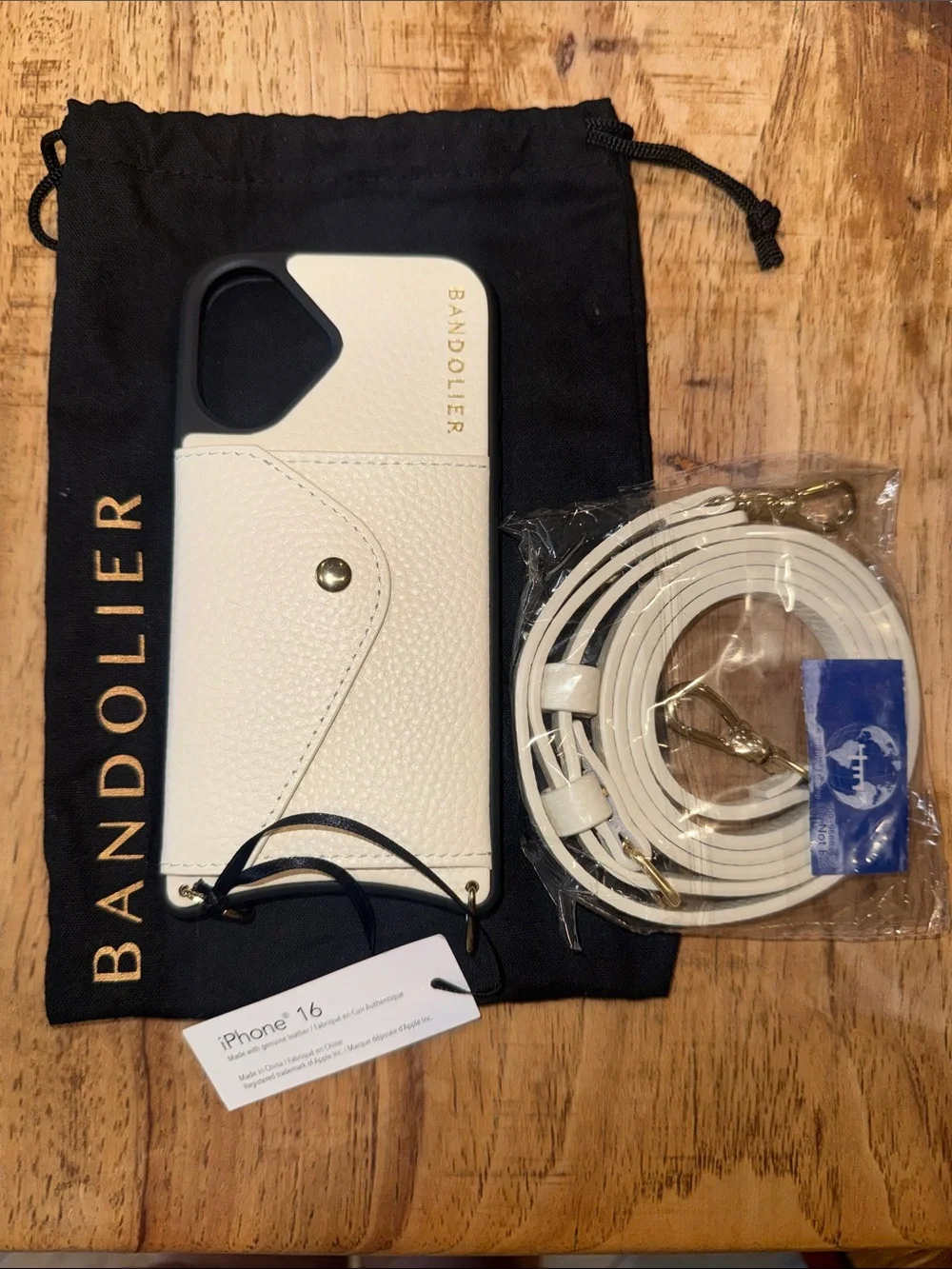 BANDOLIER iPhone 16 Leather Ivory & Gold Phone Case Wallet with Strap BRAND NEW!